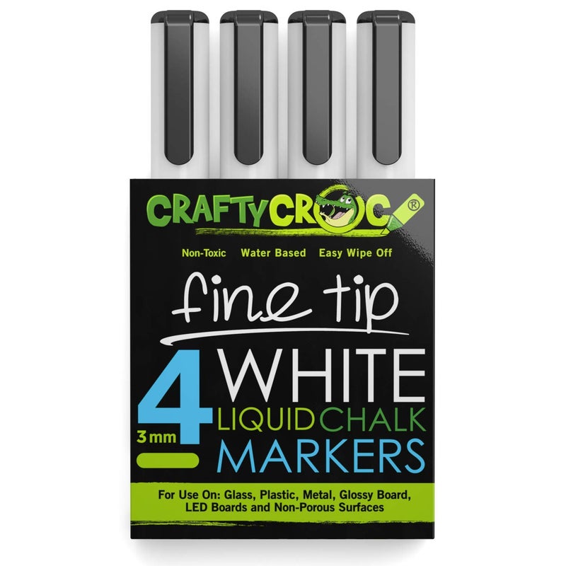 Crafty Croc Fine Tip Chalk Markers - (Precise 3mm Tip, 4 White) - Erasable Dustless Liquid Chalk Ink Pens, Water-Based, Non-Toxic - Image 1